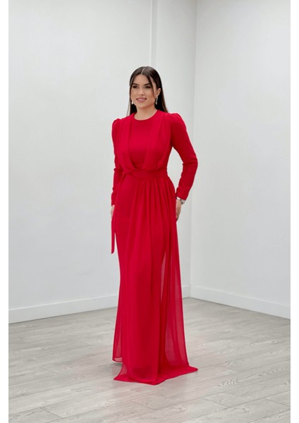 Şifon Kumaş Pelerin Detaylı Abiye Elbise - Kırmızı fiyatları