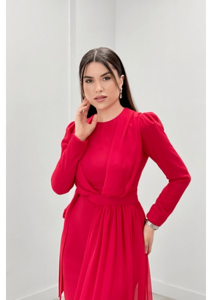 Şifon Kumaş Pelerin Detaylı Abiye Elbise - Kırmızı modelleri