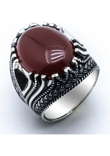 925 Ayar Gümüş Bordo Akik Taşlı Erkek Yüzük