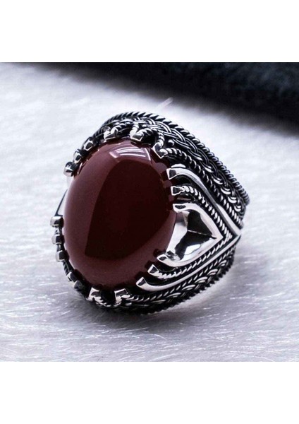 925 Ayar Gümüş Bordo Akik Taşlı Erkek Yüzük fiyatları