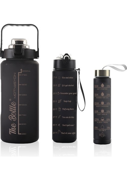 Motivasyonel Su Matarası 3lü Su Şişesi 2 Litre Su Matarası + 750 Ml+ 300 Ml Yavrulu Sporcu Matarası