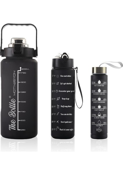 Motivasyonel Su Matarası 3lü Su Şişesi 2 Litre Su Matarası + 750 Ml+ 300 Ml Yavrulu Sporcu Matarası