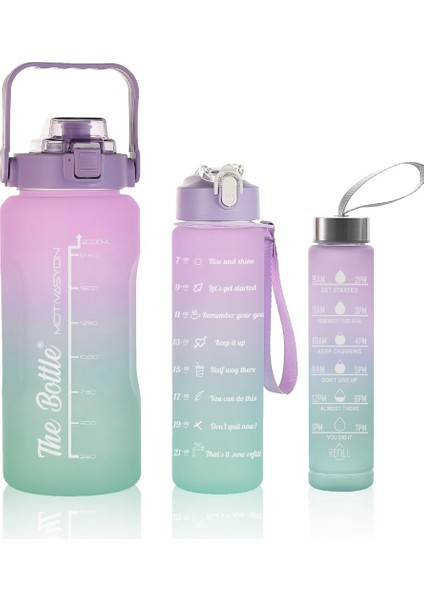 Motivasyonel Su Matarası 3lü Su Şişesi 2 Litre Su Matarası + 750 Ml+ 300 Ml Yavrulu Sporcu Matarası