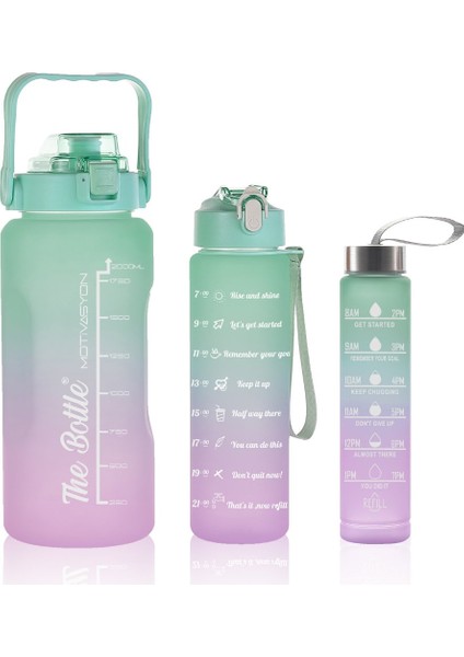 Motivasyonel Su Matarası 3lü Su Şişesi 2 Litre Su Matarası + 750 Ml+ 300 Ml Yavrulu Sporcu Matarası