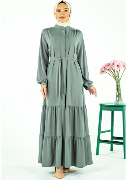 Iki Katlı Büzgülü Mint Ferace 3649