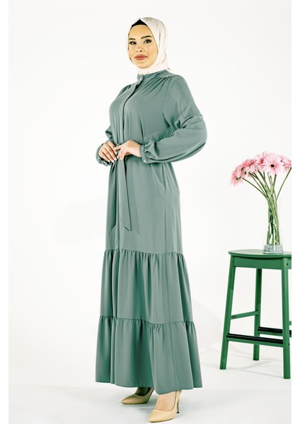 Iki Katlı Büzgülü Mint Ferace 3649 modelleri