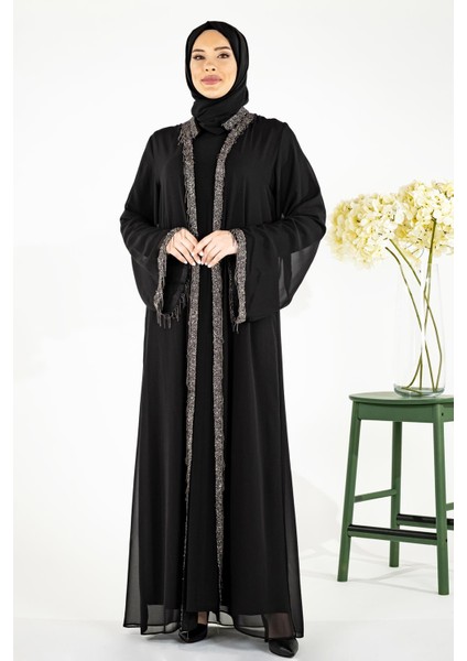 Yakası Yapışkan Taşlı Şifon Yelekli Tesettür Siyah Abaya 3534
