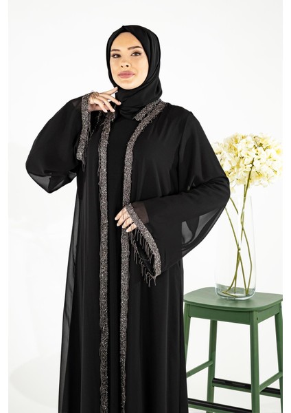 Yakası Yapışkan Taşlı Şifon Yelekli Tesettür Siyah Abaya 3534