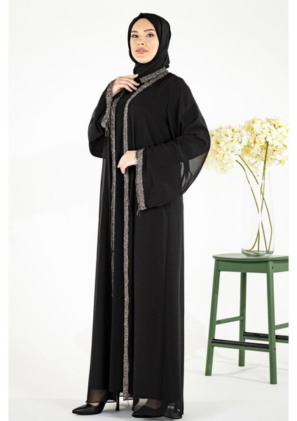 Yakası Yapışkan Taşlı Şifon Yelekli Tesettür Siyah Abaya 3534