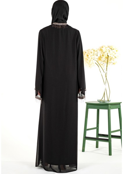 Yakası Yapışkan Taşlı Şifon Yelekli Tesettür Siyah Abaya 3534