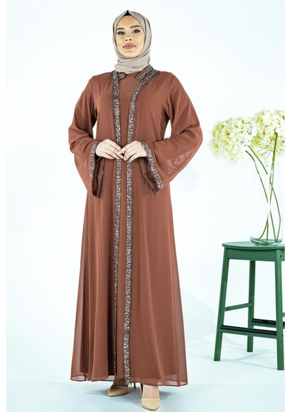 Yakası Yapışkan Taşlı Şifon Yelekli Tesettür Taba Abaya 3534