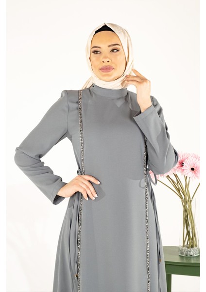 Taş Şeritli Mint Tesettür Elbise 5288