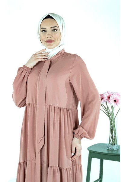 Üç Katlı Büzgülü Yakası Bağcıklı Pudra Ferace 3692 fiyatları