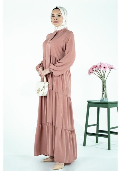 Üç Katlı Büzgülü Yakası Bağcıklı Pudra Ferace 3692 modelleri