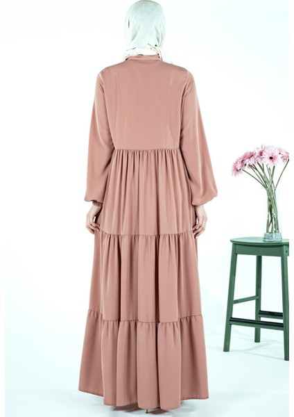 Üç Katlı Büzgülü Yakası Bağcıklı Pudra Ferace 3692 fırsatları