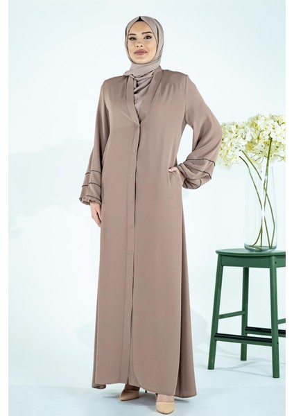 V Yaka Kolları Şerit Taş Detaylı Bej Tesettür Abaya 3429