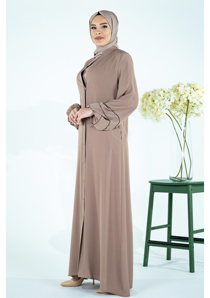 V Yaka Kolları Şerit Taş Detaylı Bej Tesettür Abaya 3429