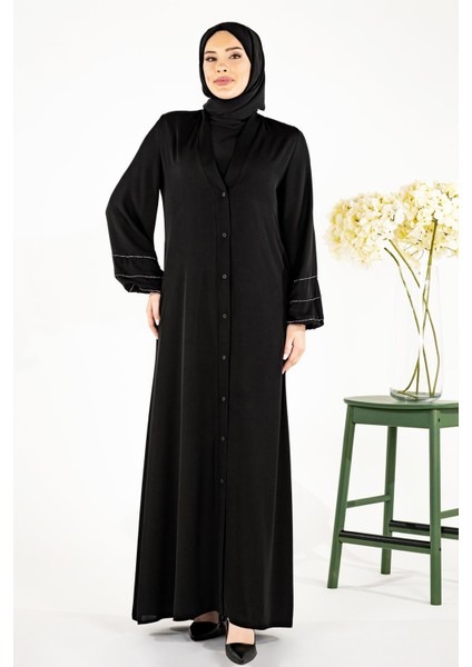 V Yaka Kolları Şerit Taş Detaylı Siyah Tesettür Abaya 3429