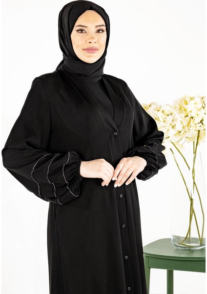 V Yaka Kolları Şerit Taş Detaylı Siyah Tesettür Abaya 3429 fiyatları
