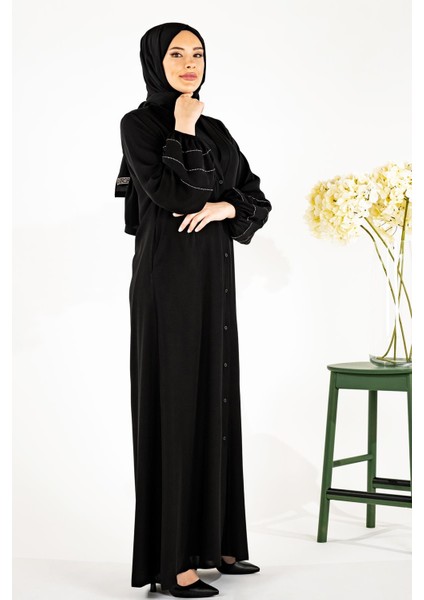 V Yaka Kolları Şerit Taş Detaylı Siyah Tesettür Abaya 3429 modelleri
