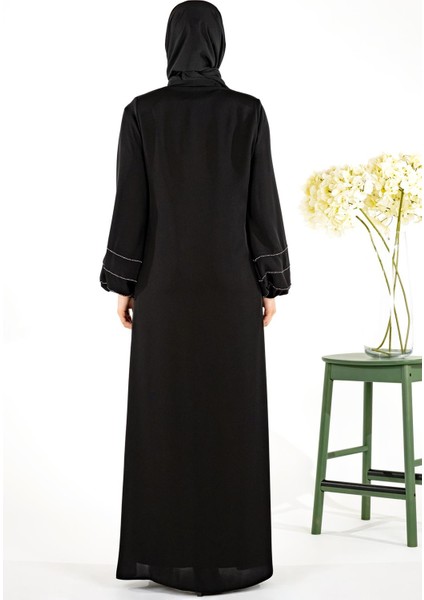 V Yaka Kolları Şerit Taş Detaylı Siyah Tesettür Abaya 3429 fırsatları