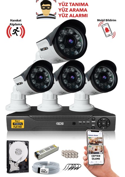 4 Kameralı Güvenlik Kamerası Seti - Yüz Tanımalı - Fullhd - Gece Görüşlü - Cepten İzleme