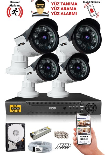 4 Kameralı 5mp Sony Lensli Fullhd Güvenlik Kamerası Sistemi - Yüz Tanıma - Gece Görüş - Cepten İzle