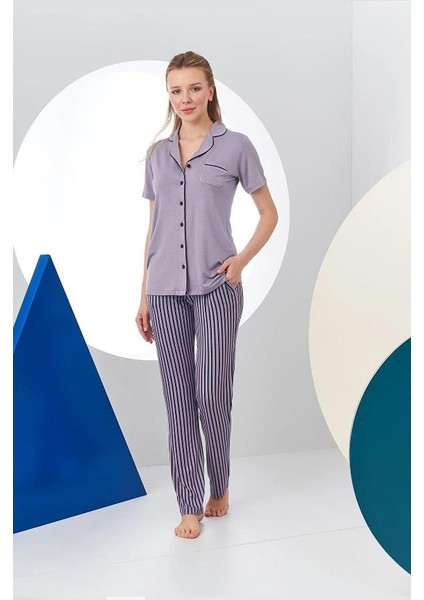 24156 Kadın Çizgili Düğmeli Pijama Takım