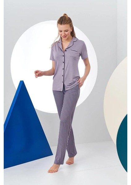 24156 Kadın Çizgili Düğmeli Pijama Takım