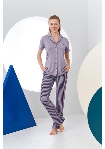 24156 Kadın Çizgili Düğmeli Pijama Takım