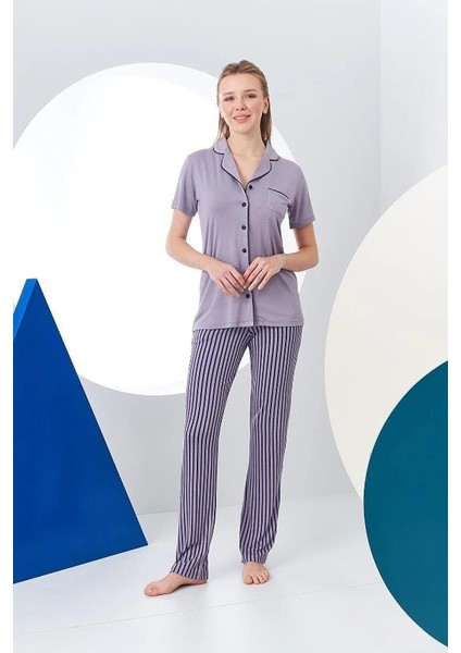 24156 Kadın Çizgili Düğmeli Pijama Takım