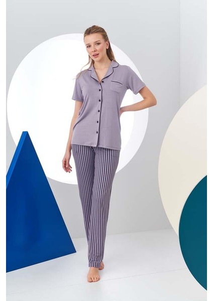 24156 Kadın Çizgili Düğmeli Pijama Takım