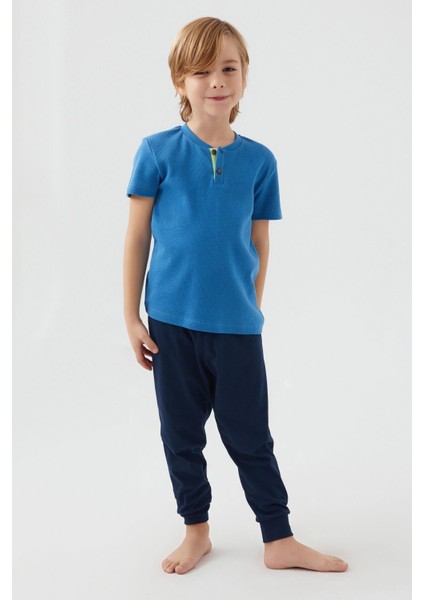 3045 Garson Dotted Mavi Erkek Çocuk Kısa Kol Pijama Takım