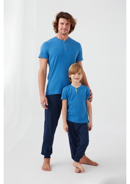 3045 Garson Dotted Mavi Erkek Çocuk Kısa Kol Pijama Takım