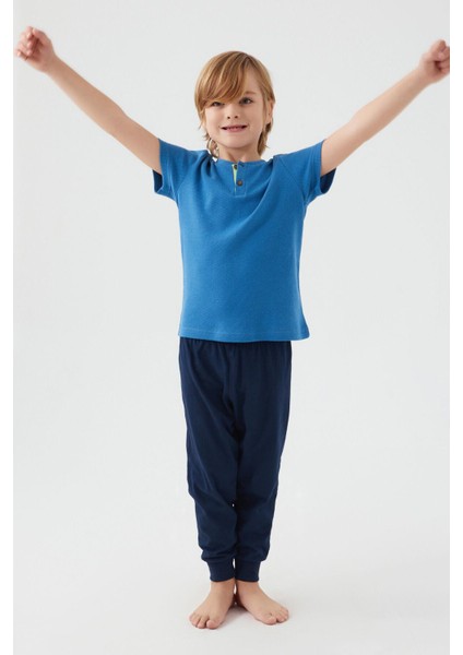 3045 Garson Dotted Mavi Erkek Çocuk Kısa Kol Pijama Takım