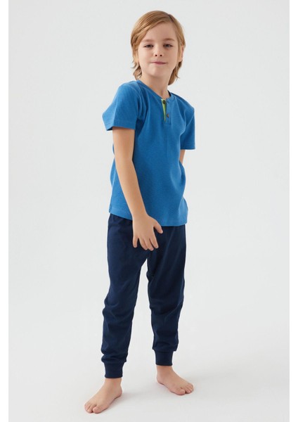 3045 Garson Dotted Mavi Erkek Çocuk Kısa Kol Pijama Takım