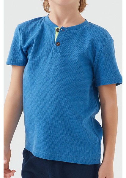 3045 Garson Dotted Mavi Erkek Çocuk Kısa Kol Pijama Takım