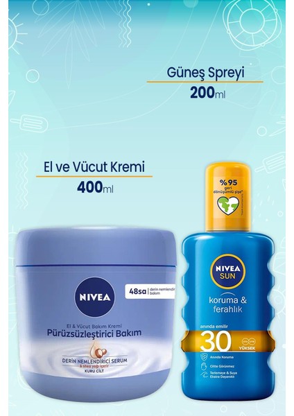 El ve Vücut Pürüzsüzleştirici Bakım Kremi 400 ml ve Güneş Spreyi 200 ml Koruma & Ferahlık 30