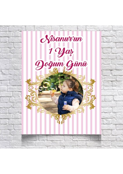 Pembe Çizgili Doğum Günü Afişi RESIMLI35 x 50 cm