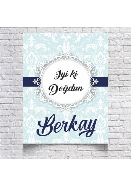 Mavi Damask Desenli Doğum Günü Afişi35 x 50 cm