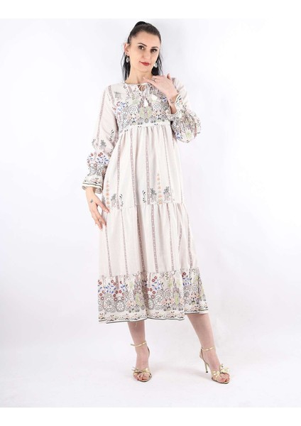 Desenli Keten Elbise Kahve Çizgili