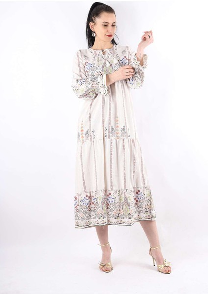 Desenli Keten Elbise Kahve Çizgili fiyatları