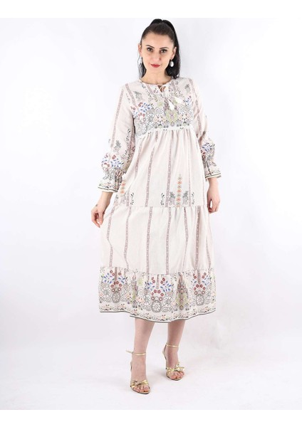 Desenli Keten Elbise Kahve Çizgili modelleri