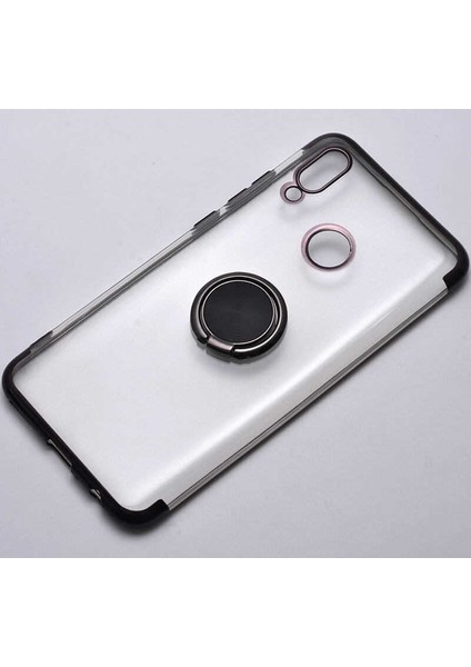 Huawei P Smart 2019 Kılıf Yüzüklü Standlı Magnet Şeffaf 4 Köşe Renkli Lazer Silikon