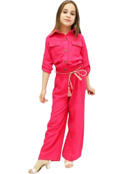 Kız Çocuk Katlamalı Kollu Sahte Düğmeli Cepli Pantolonlu Takım