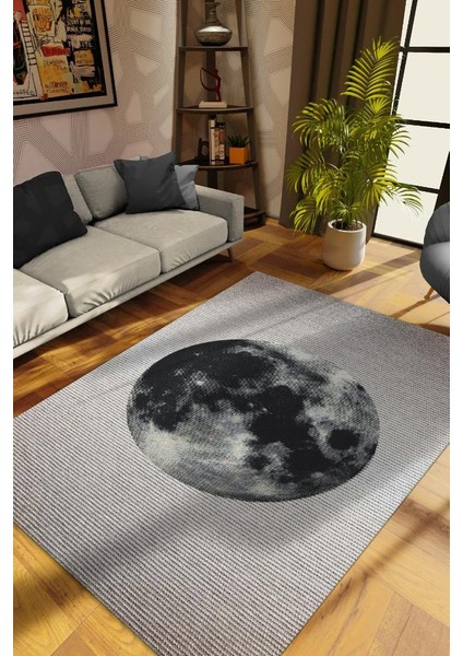 Dolunay Gri Renkli Halı Dokulu Salon Halısı Minimal Genç Odası Halısı Gökyüzü Temalı Halı