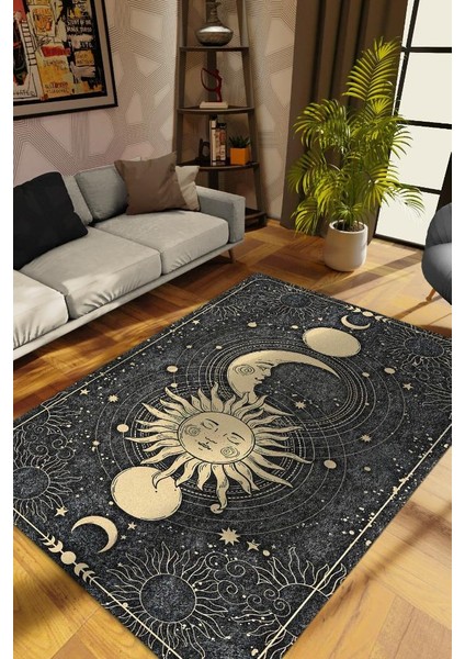 Ay ve Güneş Desenli Halı Siyah Koyu Renkli Salon Halısı Yıldız ve Ay Desenli Modern Halı