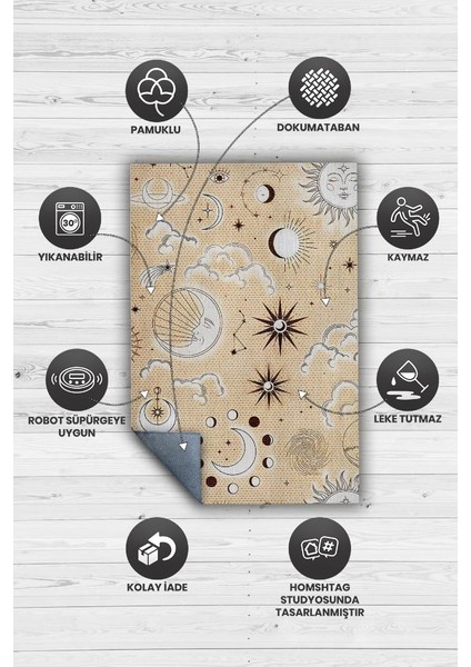 Yerdeki Gökyüzü Desenli Halı Bej Açık Renkli Salon Halısı Yıldız ve Ay Desenli Modern Halı