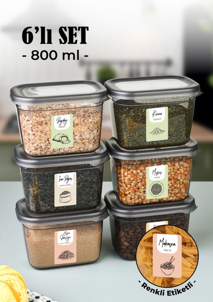 Renkli Etiketli 6lı Peggy Dikdörtgen Saklama Kabı Seti 800 Ml Antrasit