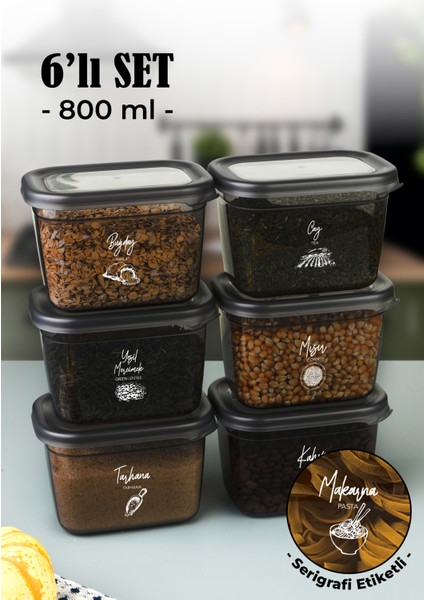 Beyaz Serigrafi Etiketli 6lı Peggy Dikdörtgen Saklama Kabı Seti 800 Ml Antrasit